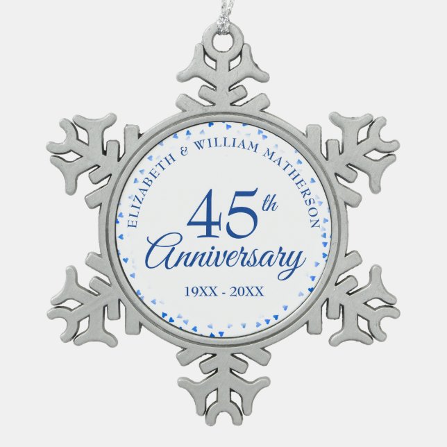 45th 65th Wedding Anniversary Love Hearts Confetti Snowflake Pewter Christmas Ornament (Front)