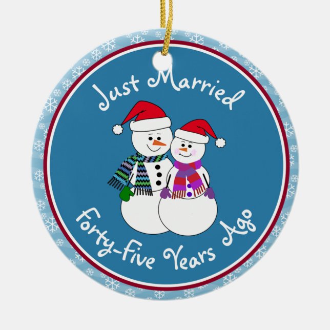 45th Anniversary Gift Fun Snow Couple Christmas Ceramic Tree Decoration (Front)