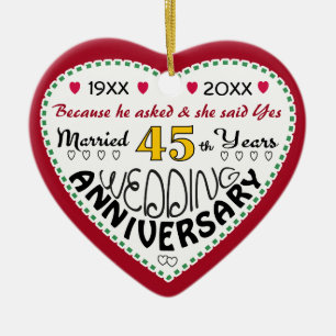 45th Anniversary gift heart shaped Christmas Ceramic Tree Decoration
