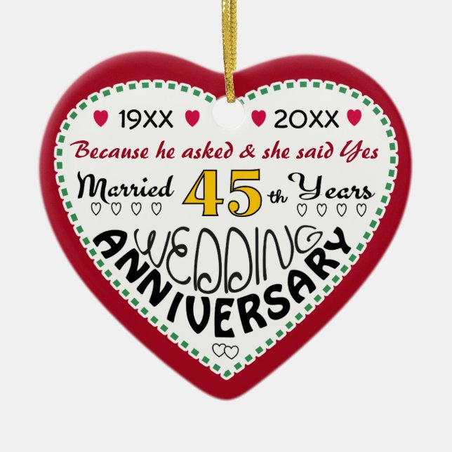 45th Anniversary gift heart shaped Christmas Ceramic Tree Decoration (Front)