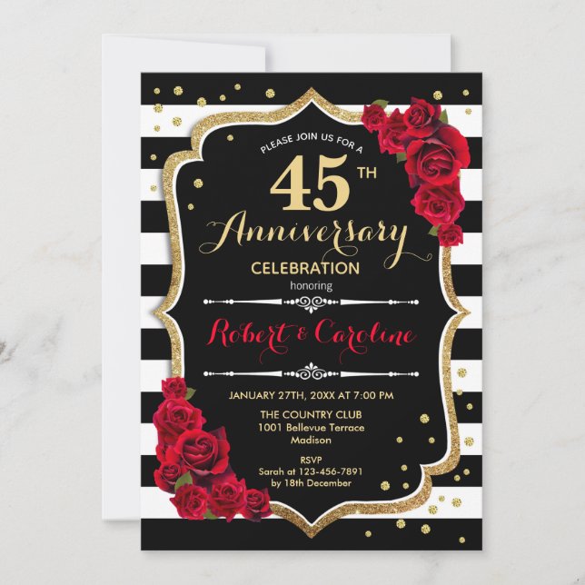 45th Anniversary Invitation - Red Gold Black White (Front)