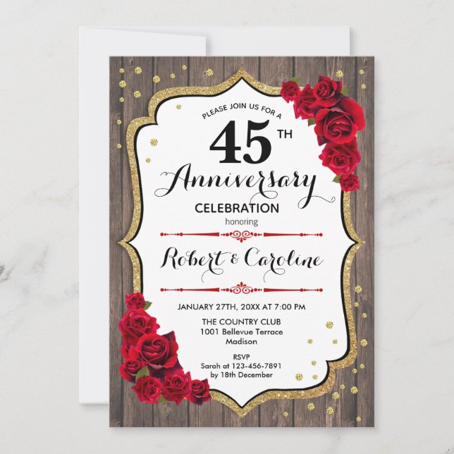 45th Anniversary Invitation - Rustic Wood Gold Red (Front)