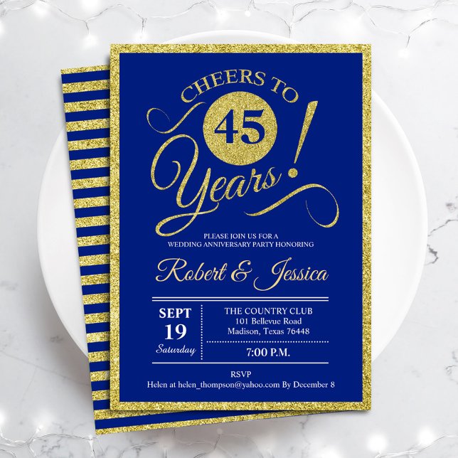 45th Anniversary Party -  Sapphire Blue Gold Invitation (Creator Uploaded)