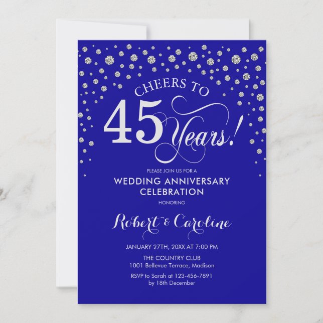 45th Anniversary Party - Silver Sapphire Blue Invitation (Front)