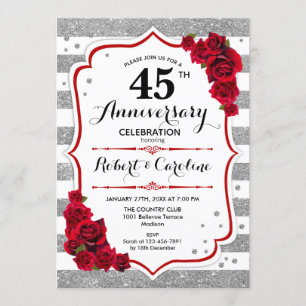45th Anniversary - Silver White Red Roses Invitation
