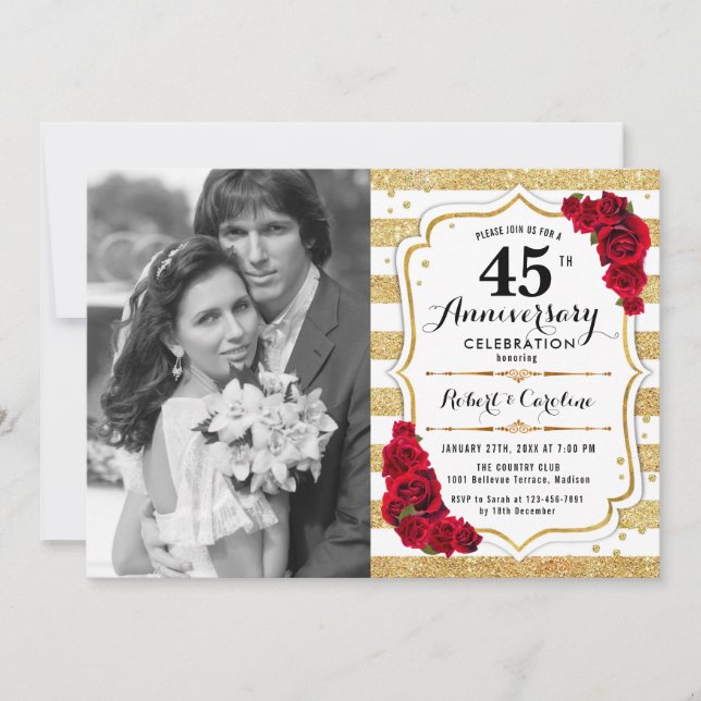 45th Anniversary with Photo - Ruby Red Gold White Invitation (Front)