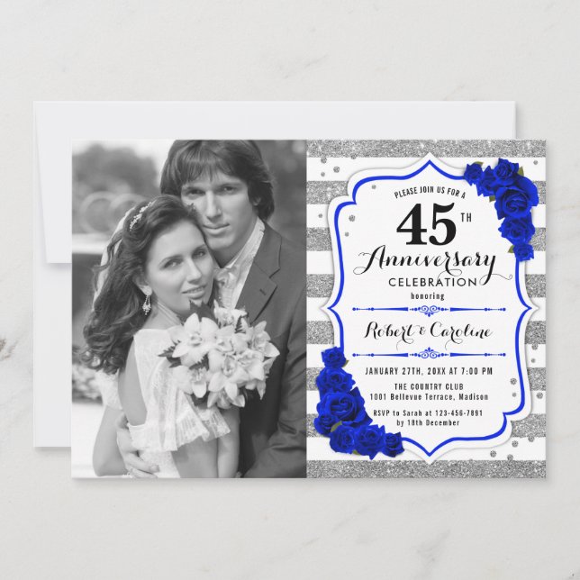 45th Anniversary with Photo - Sapphire Blue Silver Invitation (Front)