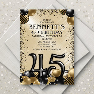 45th Balloons Black Gold Birthday Invitation