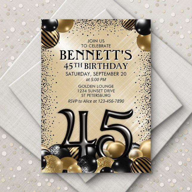 45th Balloons Black Gold Birthday Invitation (Creator Uploaded)