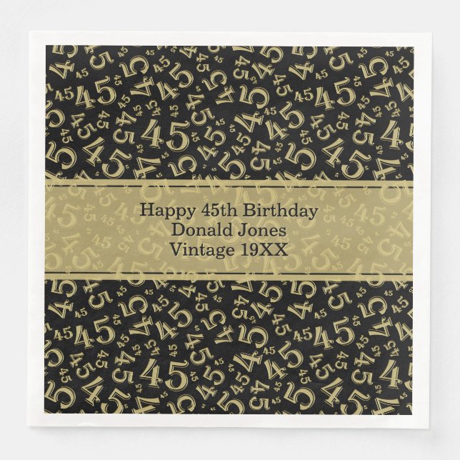 45th Birthday Age Number Pattern Gold/Black Napkin (Front)