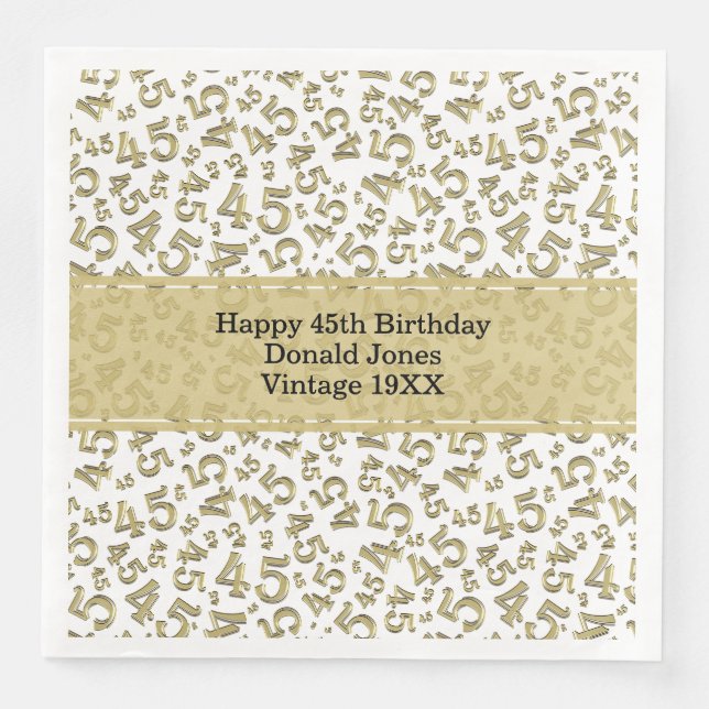 45th Birthday Age Number Pattern Gold/White Napkin (Front)