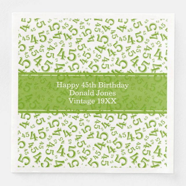 45th Birthday Age Number Pattern Green/White Napkin (Front)