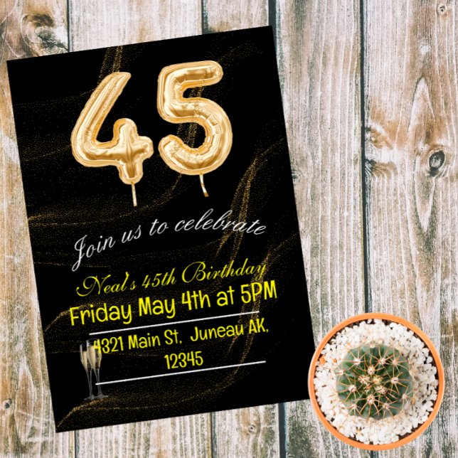 45th Birthday black gold balloon numbers Invite (Creator Uploaded)