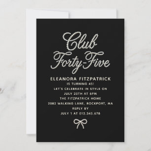 45th Birthday Black White Pearl Script Bow Invitation