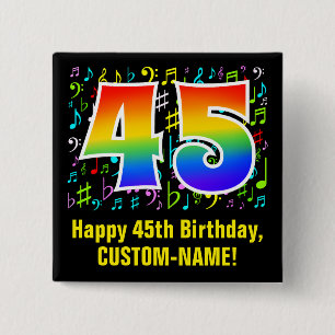 45th Birthday: Colorful Music Symbols, Rainbow 45 15 Cm Square Badge