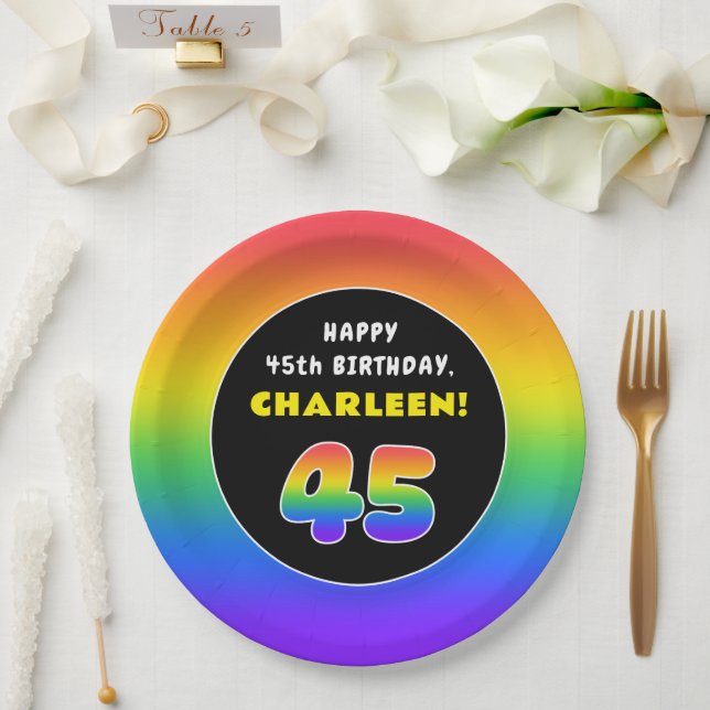 45th Birthday: Colourful Rainbow # 45, Custom Name Paper Plate (Wedding)