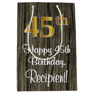 45th Birthday: Elegant Faux Gold Look #, Faux Wood Medium Gift Bag