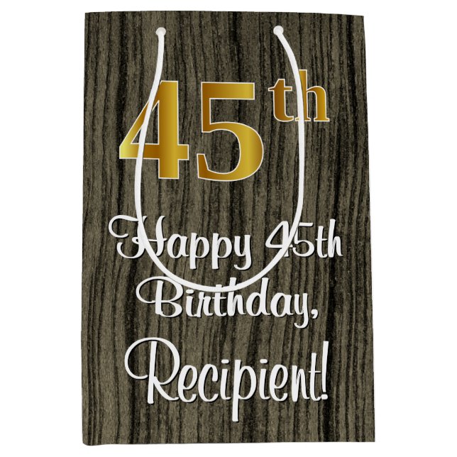 45th Birthday: Elegant Faux Gold Look #, Faux Wood Medium Gift Bag (Front)