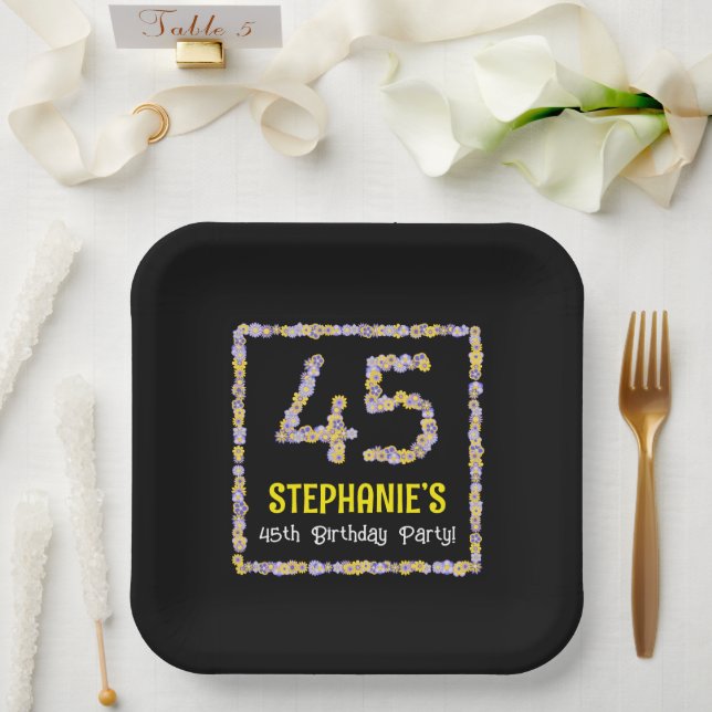 45th Birthday: Floral Flowers Number, Custom Name Paper Plate (Wedding)