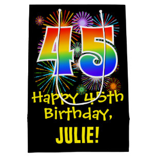 45th Birthday: Fun Fireworks Pattern + Rainbow 45 Medium Gift Bag
