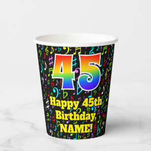 45th Birthday: Fun Music Notes Pattern, Rainbow 45 Paper Cups