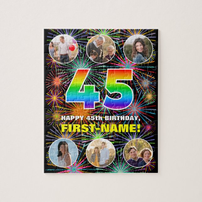 45th Birthday: Fun Rainbow #, Custom Name + Photos Jigsaw Puzzle (Vertical)