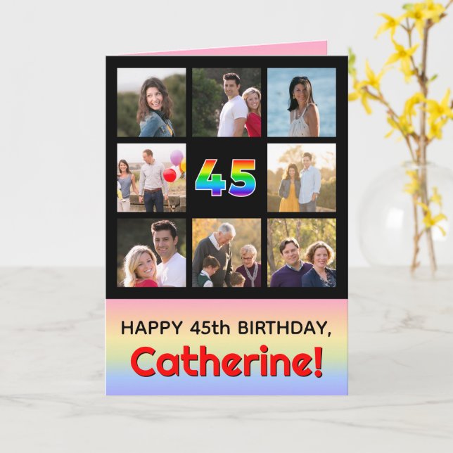 45th Birthday: Fun Rainbow #, Custom Photos + Name Card (Yellow Flower)