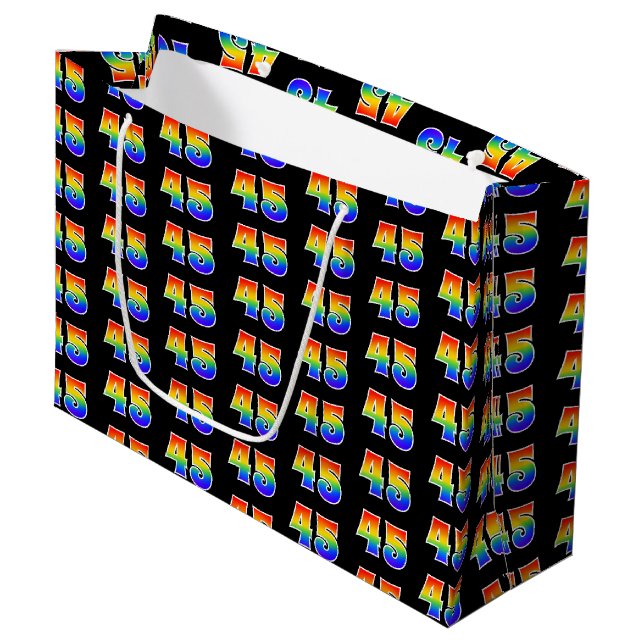 45th Birthday: Fun Rainbow Event Number 45 Pattern Large Gift Bag (Front Angled)