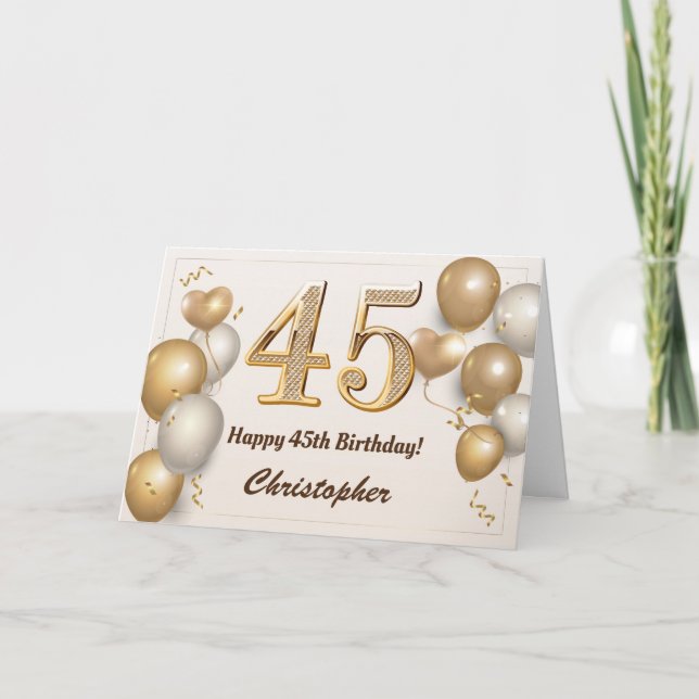 45th Birthday Gold Balloons and Confetti Birthday Card (Front)