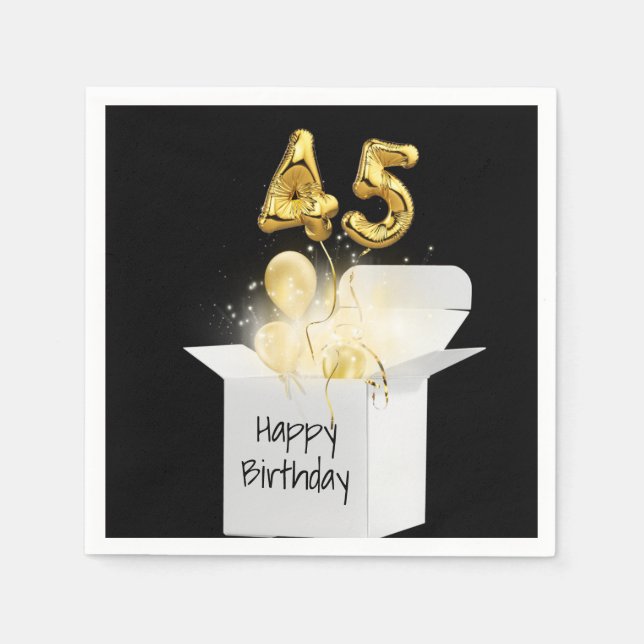45th Birthday Gold Balloons In White Box  Napkin (Front)