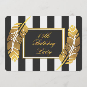 45th Birthday Gold Feather Black White Stripes Invitation