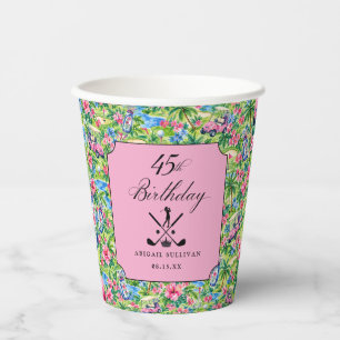 45th Birthday Golf Pink Green Preppy Print Paper Cups