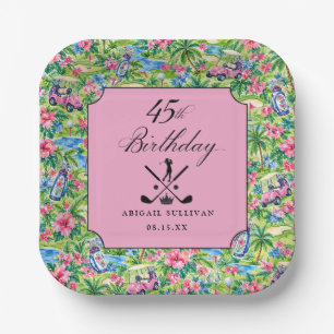 45th Birthday Golf Pink Green Preppy Print Paper Plate