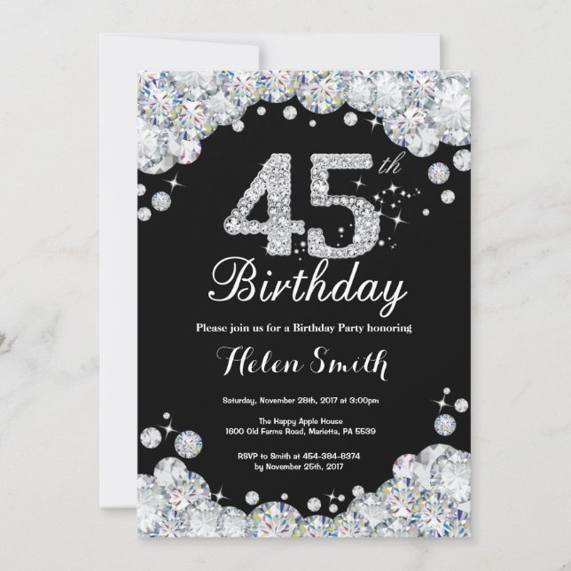 45th Birthday Invitation Chalkboard Silver Diamond (Front)
