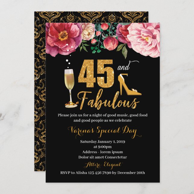45th Birthday Invitation for Women (Front/Back)