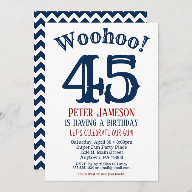 45th Birthday Invitation Mens Navy Blue (Front/Back)