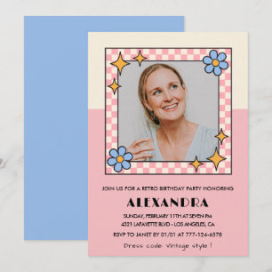 45th birthday invitation Retro Groovy Pink Flowers