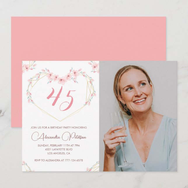45th birthday invitations Boho Floral Photo (Front/Back)
