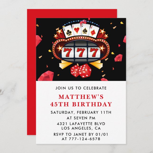 45th birthday invitations Casino theme Poker Red (Front/Back)