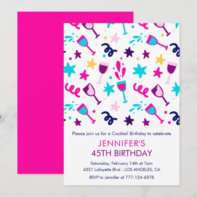 45th birthday invitations Cocktail Modern Pink (Front/Back)