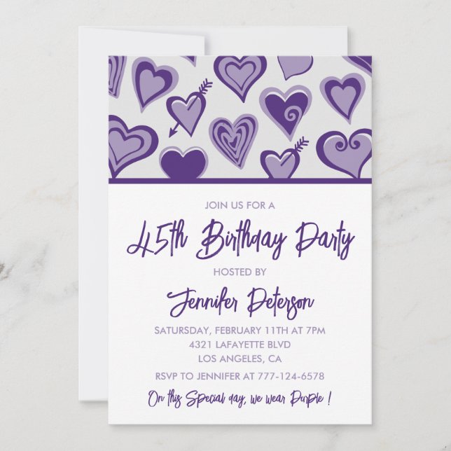 45th birthday invitations Cute Hearts Purple (Front)