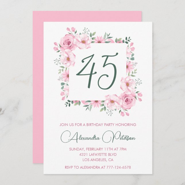 45th birthday invitations Floral Elegant Pink (Front/Back)