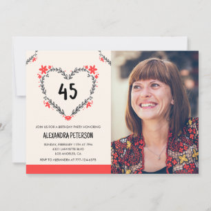 45th birthday invitations floral heart