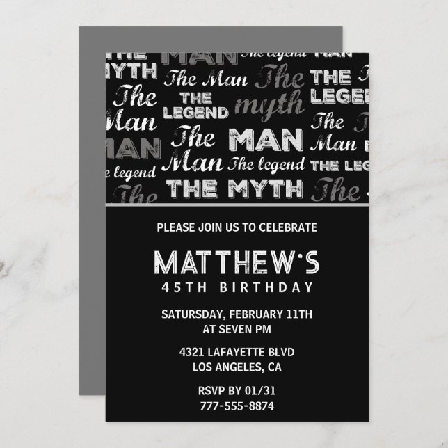 45th birthday invitations for him Men Myth Legend (Front/Back)