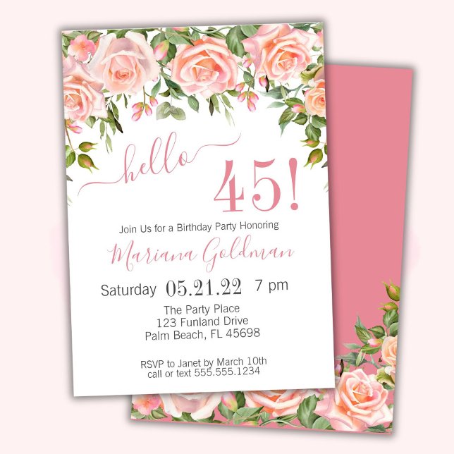 45th Birthday Invitations Pink Floral Modern Party (Creator Uploaded)