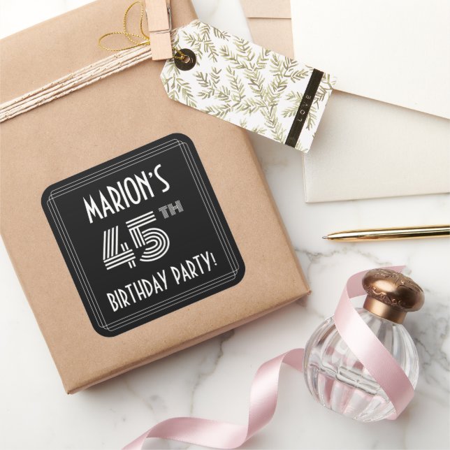 45th Birthday Party: Art Deco Style & Custom Name Square Sticker (Gifting)