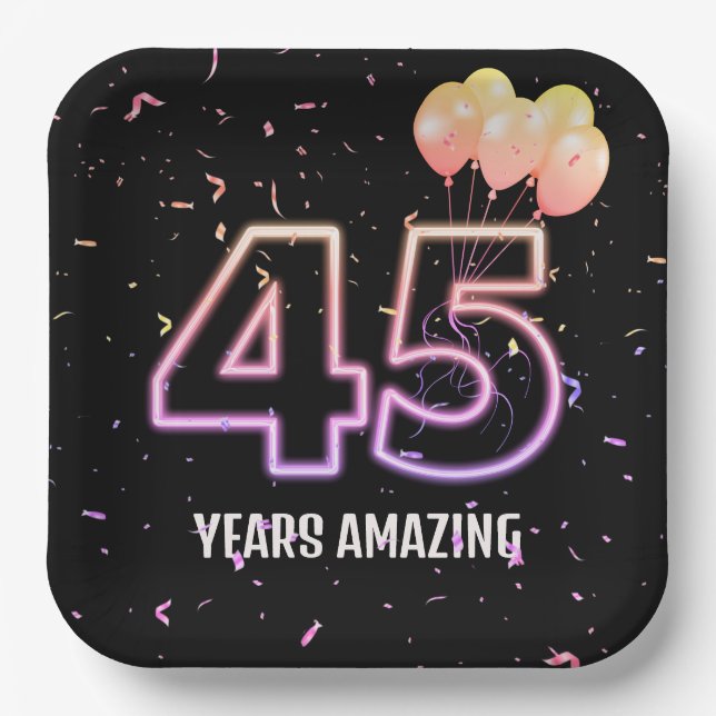 45th Birthday Party Balloons and Confetti Paper Plate (Front)