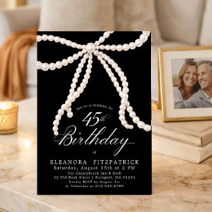 45th Birthday Party Black White Coquette Pearl Bow Invitation