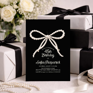 45th Birthday Party Black White Pearl Bow Invitation