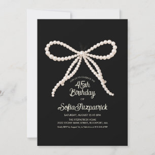 45th Birthday Party Black White Pearl Bow Invitation